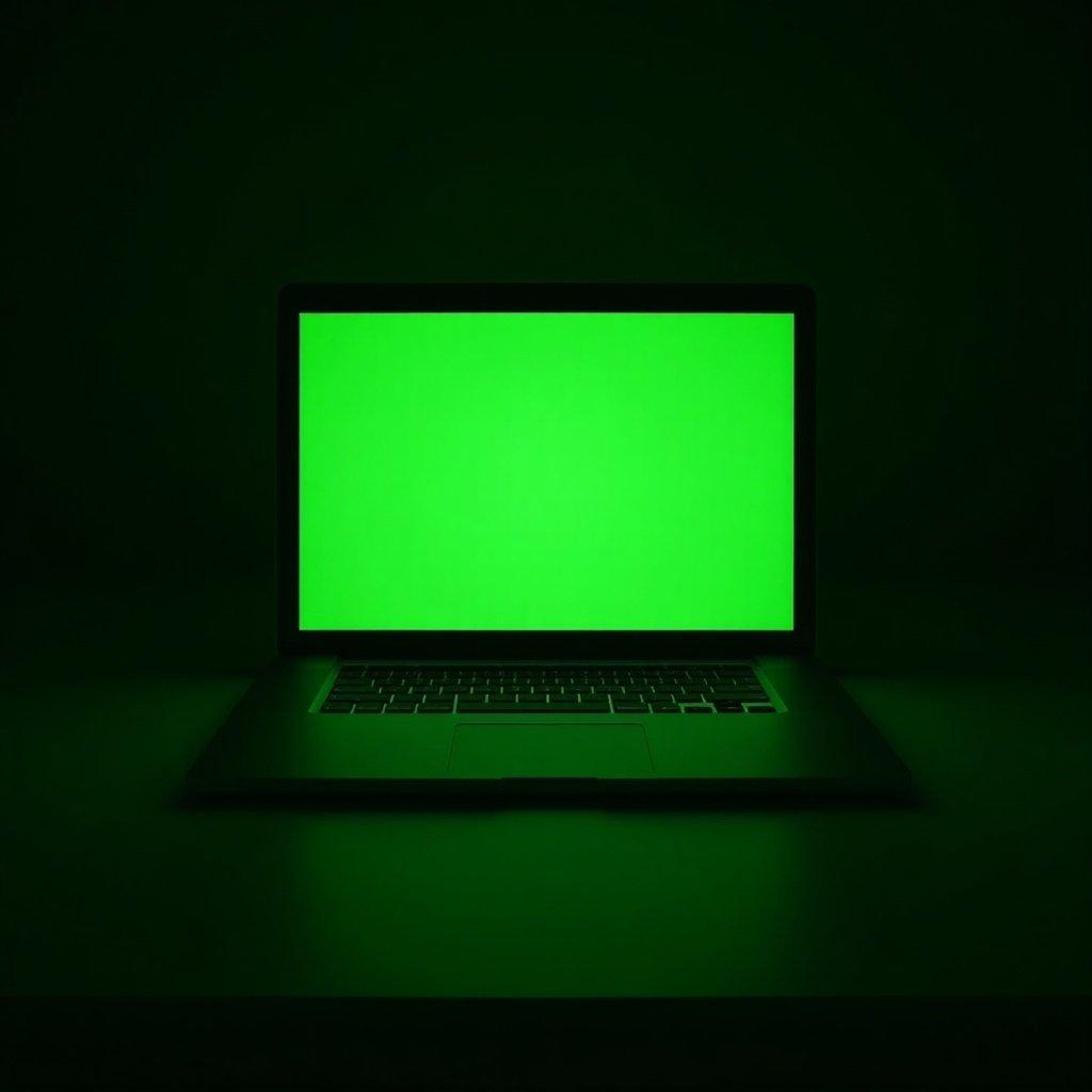 Laptop screen is bright green. Dark room creates a green tint effect. Focus on the laptop's illuminated screen.