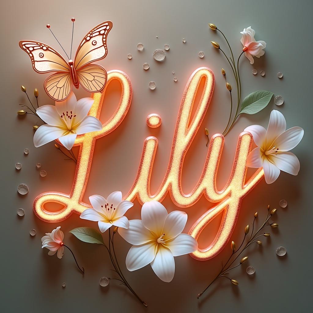 Rose gold butterflies with white lilies and dew drops. The name Lily appears in a large, beautiful, glowing metal-like font with a subtle reflection effect.