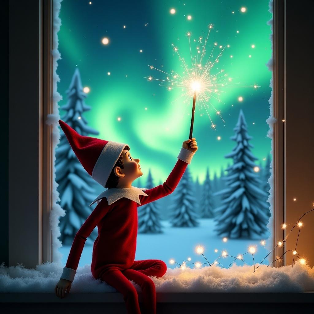 An enchanting Christmas scene with an elf on the shelf. The elf is dressed in vibrant red, gazing upwards. He holds a wand casting sparkles. Magical northern lights swirl in the background. Snow-covered trees create a winter wonderland. The elf appears to be writing in the sky.