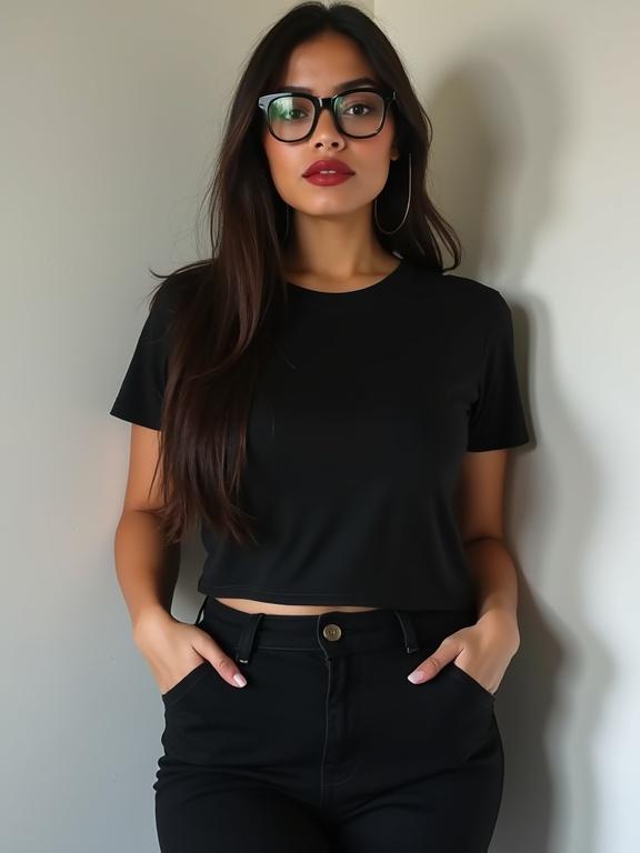 Young Latina woman wearing a black t-shirt with black trousers. Long dark brown hair cascades down. Standing in a white shadowy room with hands casually in pockets. High-quality realistic photography style.