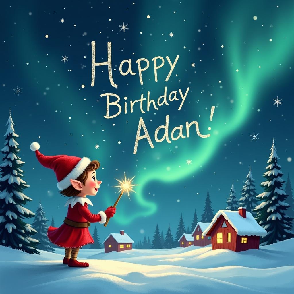 An elf gazes at a magical sky. The elf wears a red outfit and holds a sparkling wand. The elf writes 'Happy Birthday Adan' in the sky. Background shows snowy landscape with houses and evergreen trees under Northern Lights. Scene captures childhood magic and Christmas cheer.