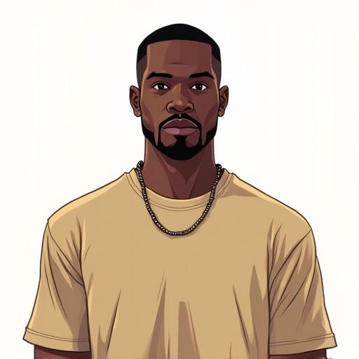 Black male character facing directly at the camera. Body fully frontal with bright lighting. Solid color t-shirt without any accessories. Illustration in GTA 3 style. Appears comic-like with bold outlines and a simple 4-bit color palette.