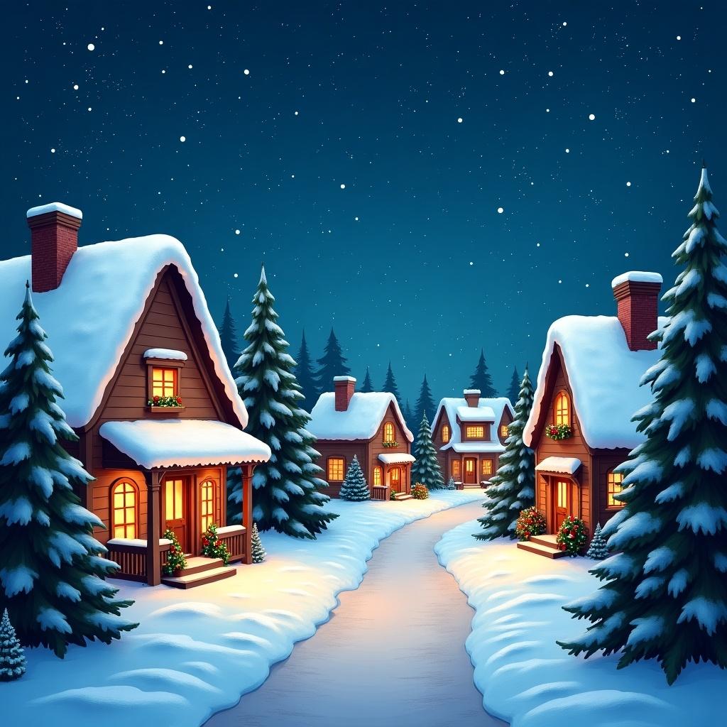 Charming village scene during Christmas. Cozy houses covered in snow. Colorful lights decorate the homes. Joyful, inviting atmosphere. Evergreen trees line the path. A representation of the holiday spirit.