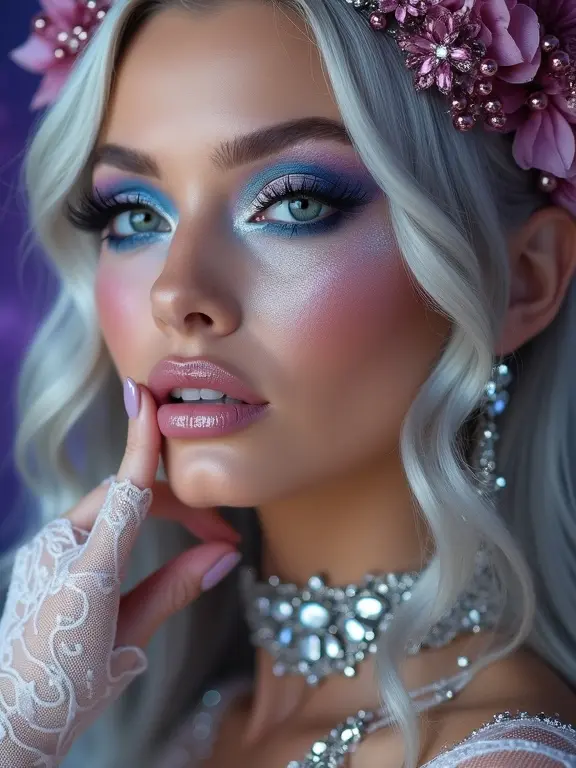 Close-up portrait of a glamorous woman with artistic makeup. Vibrant hues enhance her features. Silver hair with floral adornments complements her look. She has shimmering blue eyeshadow and luminous lips. Glitter adds sparkle to her tanned skin. A jeweled bracelet adorns her wrist. A lace-gloved hand touches her neck. A purple nebula decorates the background. Studio photography emphasizes detail.