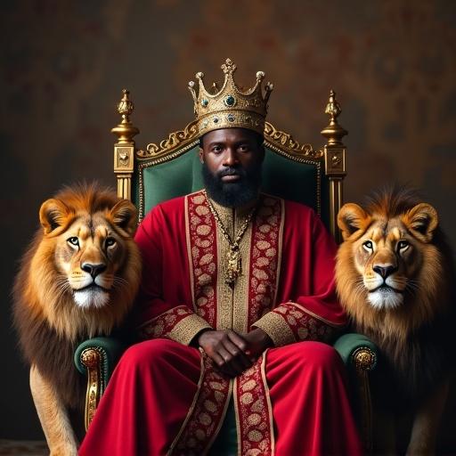 An African American king seated on a grand throne with two lions flanking him. The king wears a majestic crown and royal attire. The background features rich, decorative elements. The lions are calm yet powerful. The overall scene conveys a sense of majesty and strength.