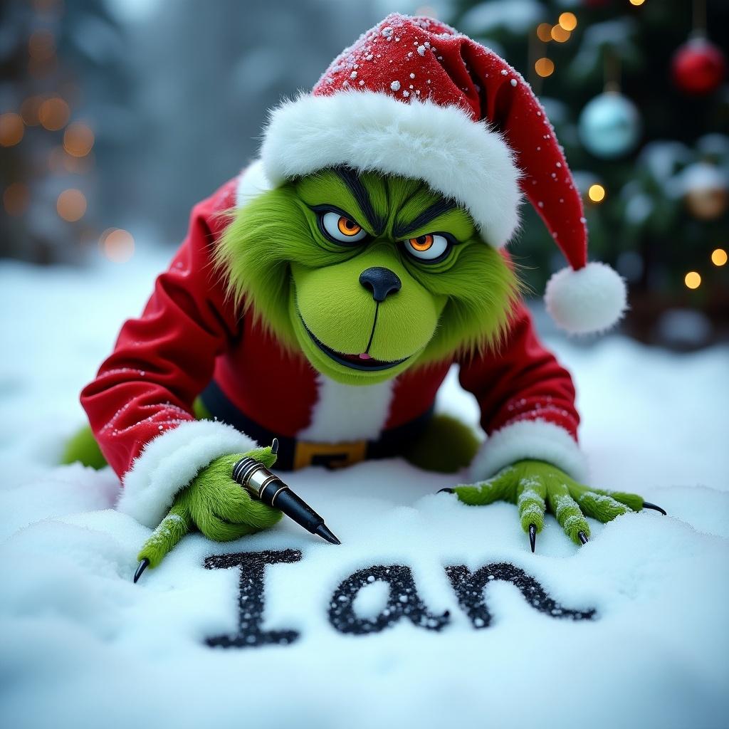 Grinch in Santa suit writes Ian in snow. Holiday theme with snow and Christmas tree.