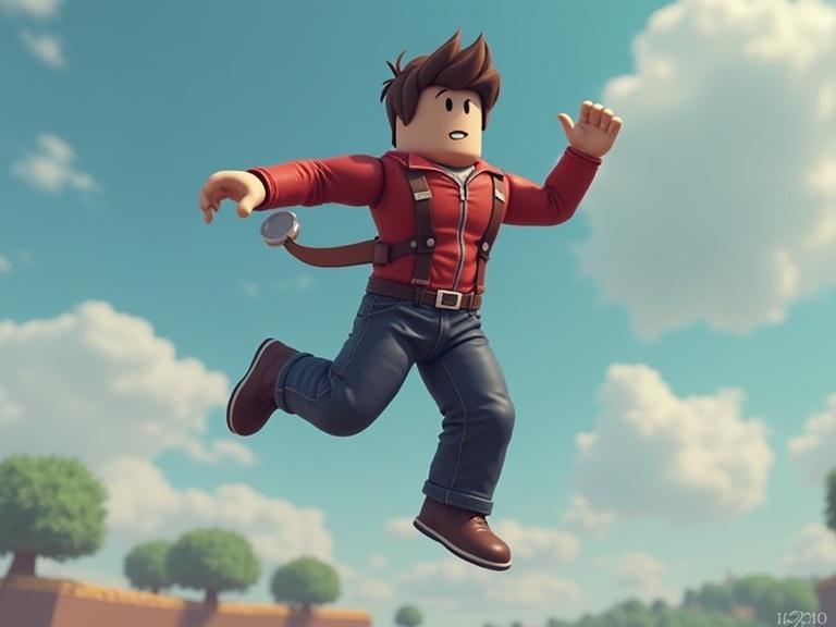 Create a thumbnail for a Roblox ARPG game featuring a Roblox character performing a dynamic backflip. Background shows a bright sky with clouds. Focus on the character in mid-action wearing casual attire with brown shoes and suspenders. The setting is a vibrant game world with trees in the distance.