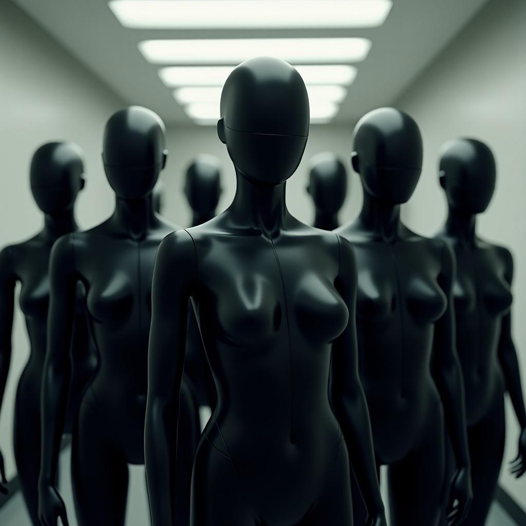 A row of black humanoid figures in a sterile, futuristic environment. Each figure resembles a mannequin or a robotic clone. The black material emphasizes their uniformity. The dark visors create a sense of emotionlessness. The scene evokes questions about identity and humanity.