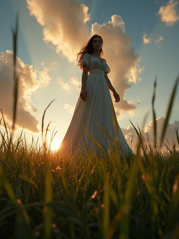 Beautiful giantess looking down at the viewer, reaching down. POV from grass level, evening side light creating a silhouette effect.