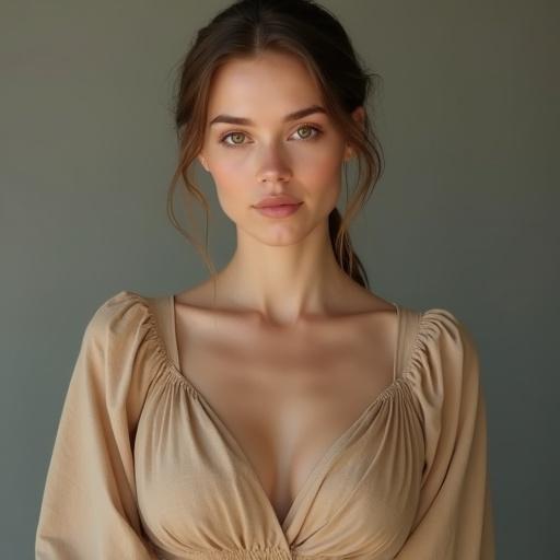 Portrait of a 25-year-old European woman. She has an elegant symmetrical face and porcelain-like smooth skin. Warm almond-shaped eyes appear gentle. Natural light brown hair is neatly tied back. Wearing a simple linen dress in earthy tones. Visible bust creates refined cleavage. The portrait captures a motherly aura with clean and soft lighting.