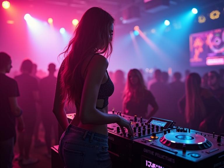 Lively Berlin nightclub scene. A DJ spins techno beats with colorful lights illuminating the dance floor. A well-dressed girl enjoys the music, capturing the essence of a digital sound revolution.