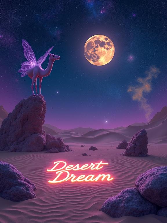 Surreal scene of the Lut Desert at night. Floating rocks emit soft purple light. A dromedary camel flies with butterfly wings. Words 'Desert Dream' in glowing cursive on the sand. Sky filled with colorful galaxies. A large moon with a halo of golden smoke. Inspired by Persian surrealist paintings.
