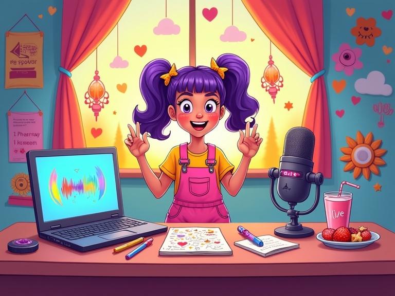 Cartoon-style podcast studio scene. Lively girl 10-12 years old recording podcast for virtual audience. Half-moon desk decorated with clouds and stars. Fluffy purple twin pigtails with shiny star clips. Yellow T-shirt, pink overall skirt, and cat-patterned cardigan. Big sparkling eyes and exaggerated smile. Gesturing energetically into a rainbow-colored microphone. Making heart signs while waving at professional webcam. Desk holds laptop with audio waveform and colorful comment bubbles. Doodle-filled notebook, colorful markers, bubbly strawberry milk, star- and moon-shaped donuts. Headphones hang nearby. LED screen shows cartoon audience comments. Playful wall with rainbow balloon stickers and cartoon rockets. Dancing sunflower and gramophone in the corner. Heart-shaped chandeliers and magical sunset glow through curtains.