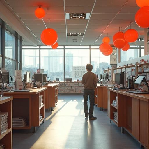 Interior of a futuristic Kinko's store in 2050. Brightly lit with multiple service desks and computers. Modern design elements and a spacious layout.
