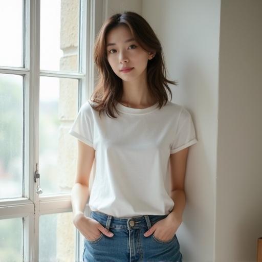 Young woman stands near a window. She wears a simple white T-shirt and classic blue jeans. Her hair is loose and natural. She has minimal makeup and a peaceful expression. Soft daylight illuminates the scene. The composition features shallow depth of field and is captured in a lifestyle photography style using a 50mm lens from a low angle.