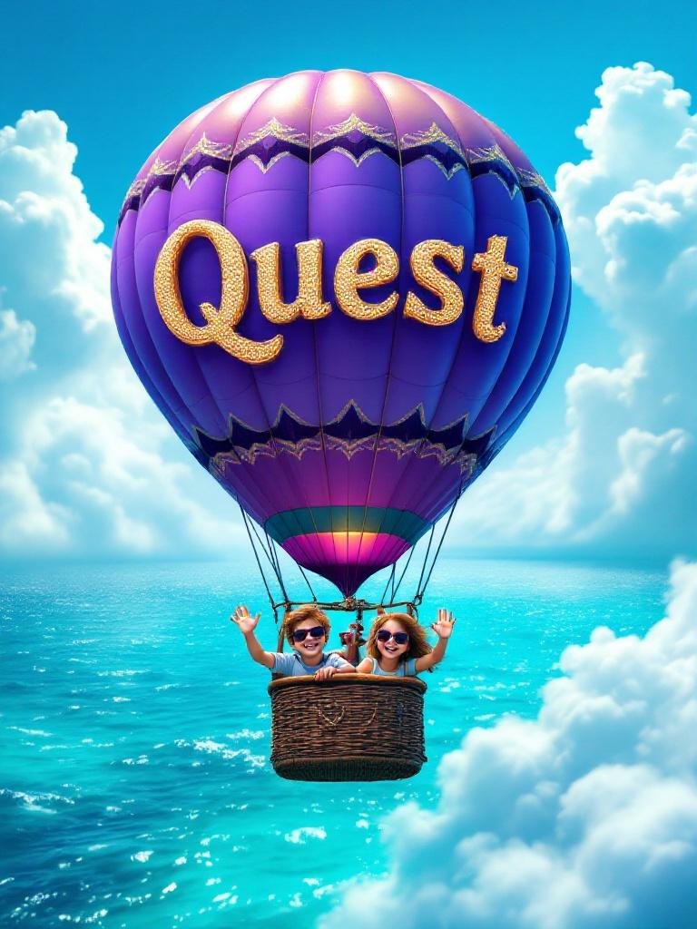 A purple hot air balloon floats over the Caribbean Sea. The balloon has the word 'Quest' in gold letters. Two kids wave from the basket. They wear sunglasses and are filled with joy. The sea sparkles under the sun. Fluffy clouds surround the scene. The colors are vibrant and cheerful.