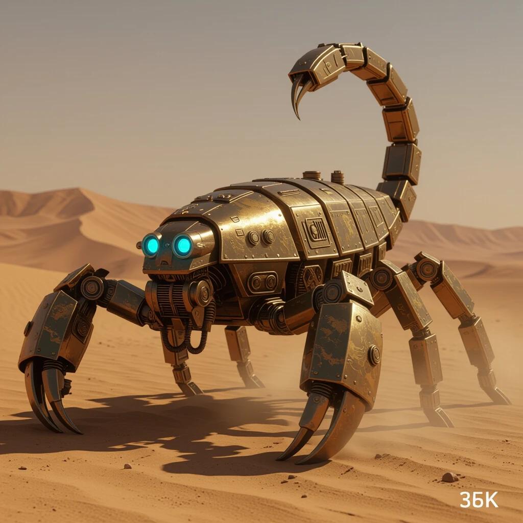 Large mechanical scorpion in realistic 3D style. Blends dieselpunk steampunk modern industrial design. Armored body with weathered bronze steel plates. Exposed gears, rivets, pistons segmented limbs. Glowing blue eyes intricate joints give futuristic retro look. Steam vents copper tubes pressure gauges for steampunk touch. Stands on arid desert terrain dust sand covering legs. Raised stinger tail articulated claws show menace refined engineering. Cinematic moody lighting warm desert tones highlight metallic textures mechanical detail.