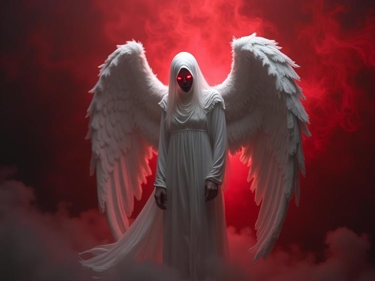 A figure resembling an angel stands with expansive white wings in a dark, hellish environment. The angel wears a flowing white robe and has glowing red eyes. The background features dark red skies filled with black smoke, creating a menacing atmosphere.