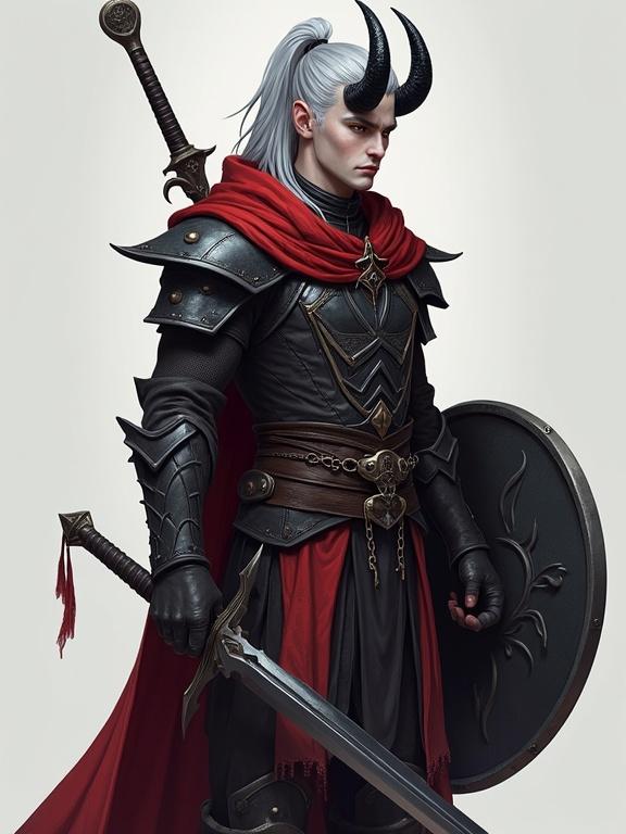 A tall male tiefling with ash-gray skin and amber eyes. Silver hair tied back in a high ponytail with sleek black horns. Dressed in chainmail and an ash-red cloak. Holding a black longsword and shield. Textured surfaces and strong cinematic lighting. High-detailed rendering with expressive shadows and highlights. Stylized illustration in bold outlines and vivid colors against a grey background.