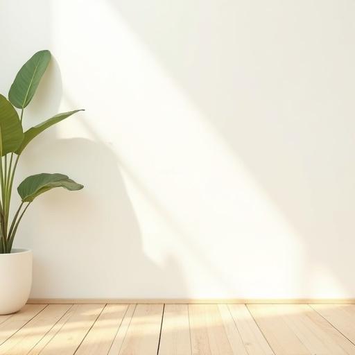 Pastel-toned wooden floor extending toward the horizon clean white background with soft gradient of cream and pale green minimal wall decor like hanging paper leaves softly diffused daylight empty central space for placing a child warm and calm studio vibe 16:9