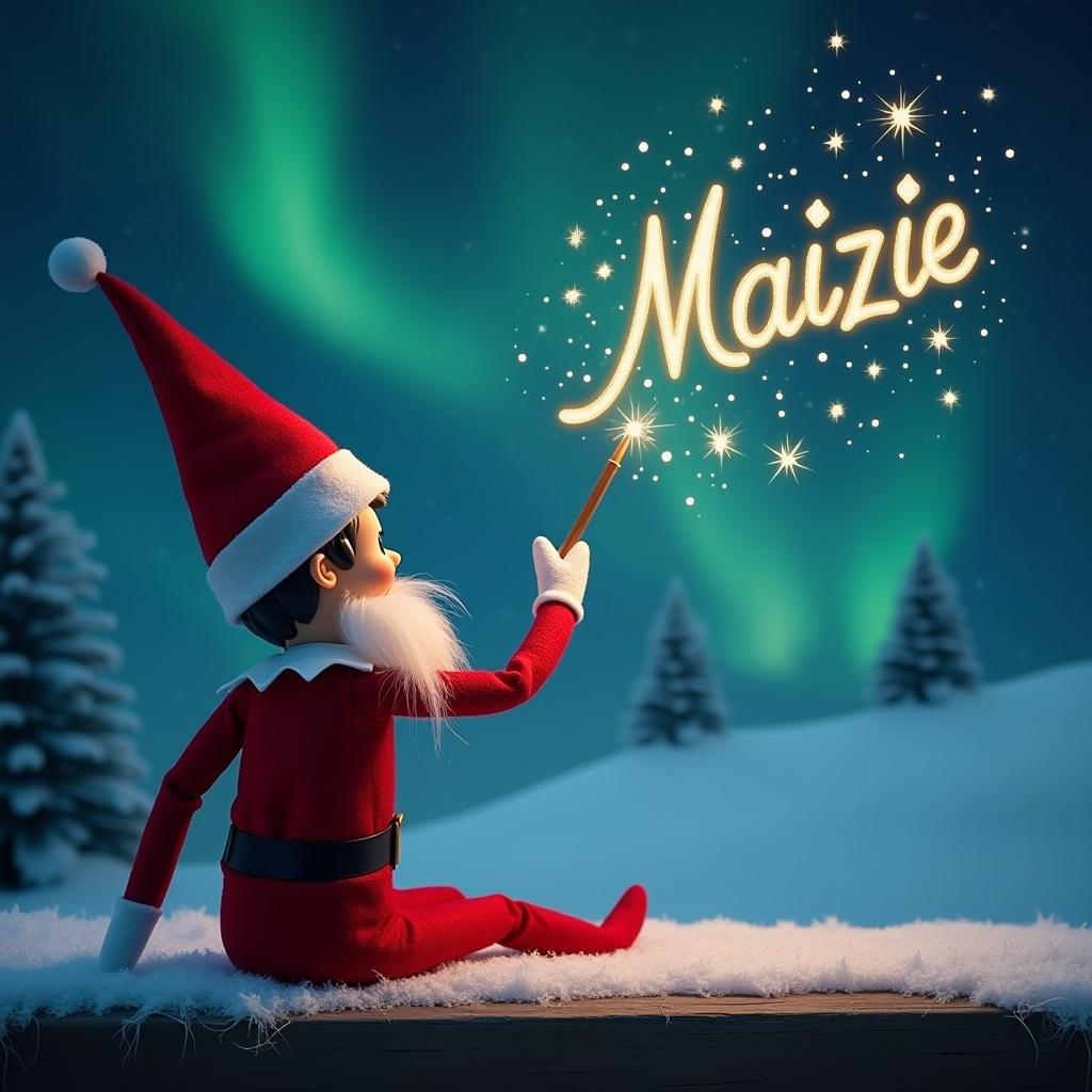 This image features an elf on the shelf, sitting with his back to the viewer, mesmerized by the enchanting northern lights shining in the night sky. The elf, dressed in a classic red outfit with a white collar and a pointed hat, holds a magic wand, elegantly writing the name 'Maizie' in sparkling letters amongst the twinkling stars. The background showcases a winter wonderland with frosted trees, creating a magical Christmas atmosphere. The scene captures the spirit of the holiday season, highlighting the joy and whimsy associated with Christmas traditions. Overall, it's a charming illustration perfect for capturing the magic of Christmas.