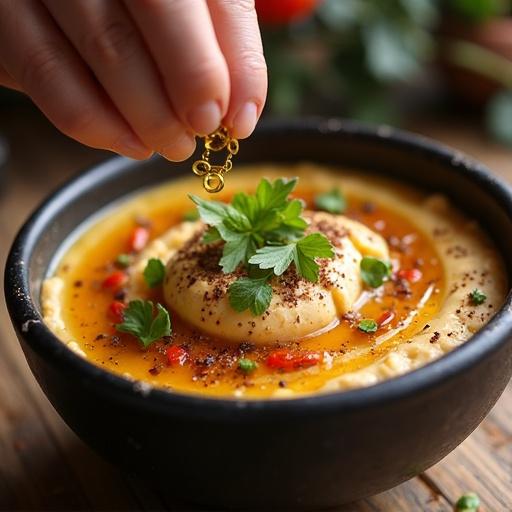 Bowl of hummus on a warm-toned table. A woman's hand sprinkles seasoning on top. Fresh herbs and spices visible for garnish.