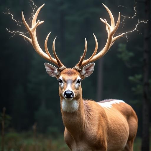 A majestic deer with impressive antlers. The deer's coat is fawn brown with white markings resembling a lightning pattern across her body. Background features a darkened forest environment.