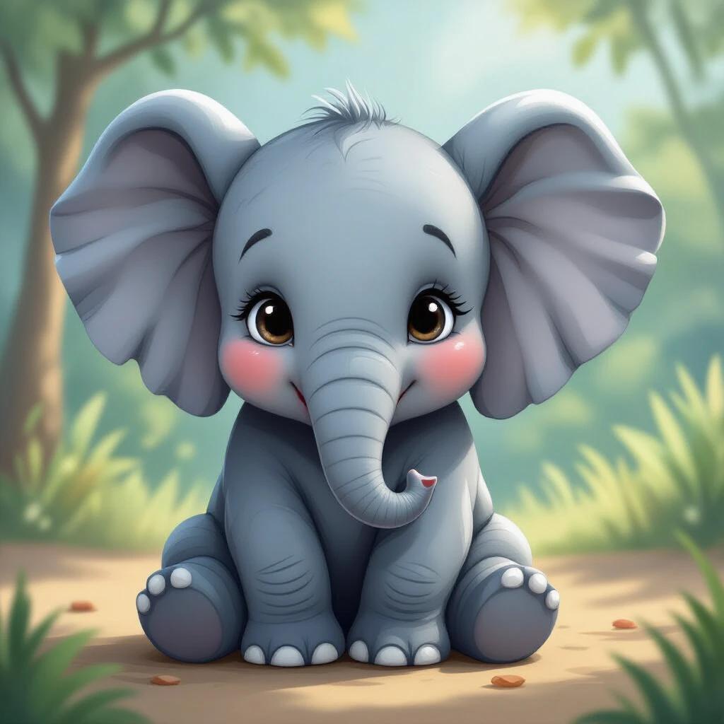 Gray blue baby elephant sitting on a path surrounded by greenery. The elephant has large expressive eyes and a charming smile. Overall scene is cheerful and inviting.
