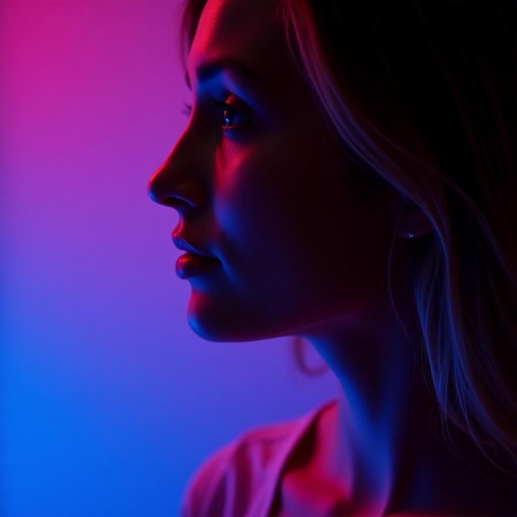 A woman's profile illuminated by vibrant pink and blue lighting.