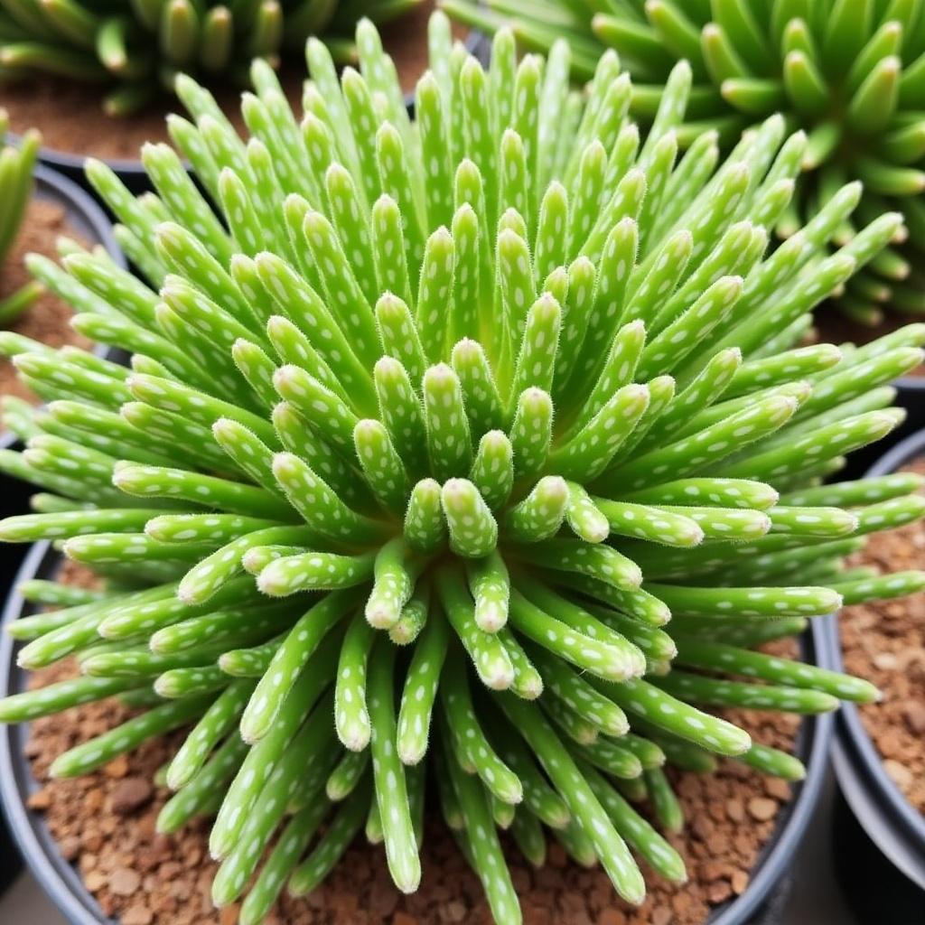 Close-up view of an Osbeckia octandra plant. Succulent with a spherical shape. Green stems with white spots. Planted in a black pot with brown soil. Highlighted in natural light.