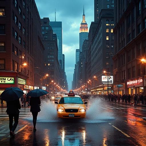 Bustling Manhattan street at dusk moments before thunderstorm. Skyscrapers like Empire State Building loom under dark swirling clouds. Pedestrians hurry with umbrellas. Reflections shimmer on wet asphalt. Neon store signs glow through haze. Yellow taxi splashes through puddle. Dramatic sky wet pavement reflections 35mm lens.