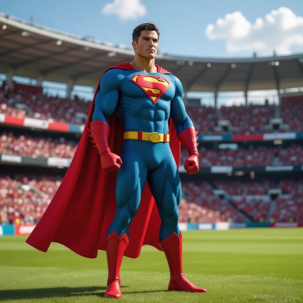 A superhero stands confidently in a stadium. The superhero embodies colors red and black inspired by Flamengo Football. The figure wears a blue suit and a red cape. The scene is filled with sports fans cheering.