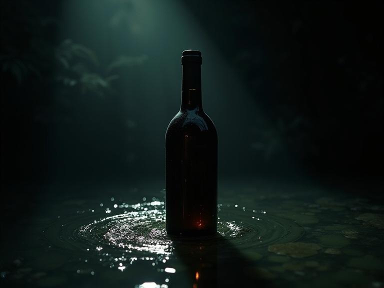 Ancient wine bottle covered with a dark cloth cap, placed in the center of a stream during the night with no moon. Bottle semi-submerged with ripples around it, reflecting silver light. Strong flashlight beam illuminates the cap, highlighting wet fabric folds and creating metallic glimmers on the water. Pebbles in the stream bed with dark green and gray tones barely visible. Light and shadow play enhances reflections and contrasts, with a slight mist above the water for a mysterious ambiance.