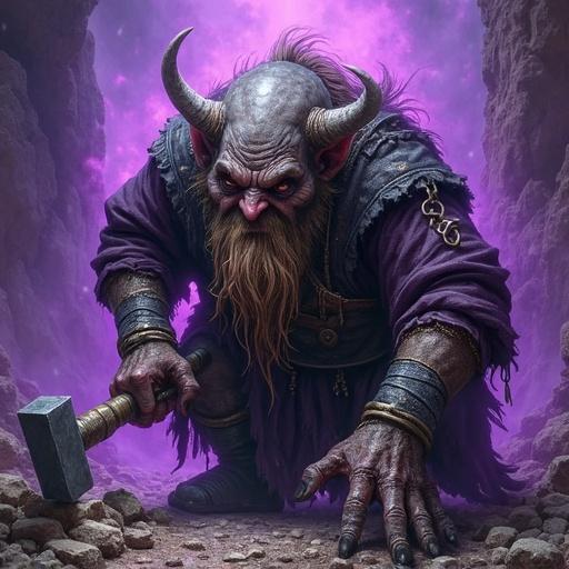 Malevolent dwarf hammers steel chunks. Planning evil creations. Purple aura of chaos around twisted form. Dwarf chuckles ominously.