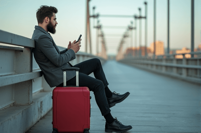 A man with a beard and stylish attire sits on a red suitcase, using his phone on a bridge in the early morning or evening light.