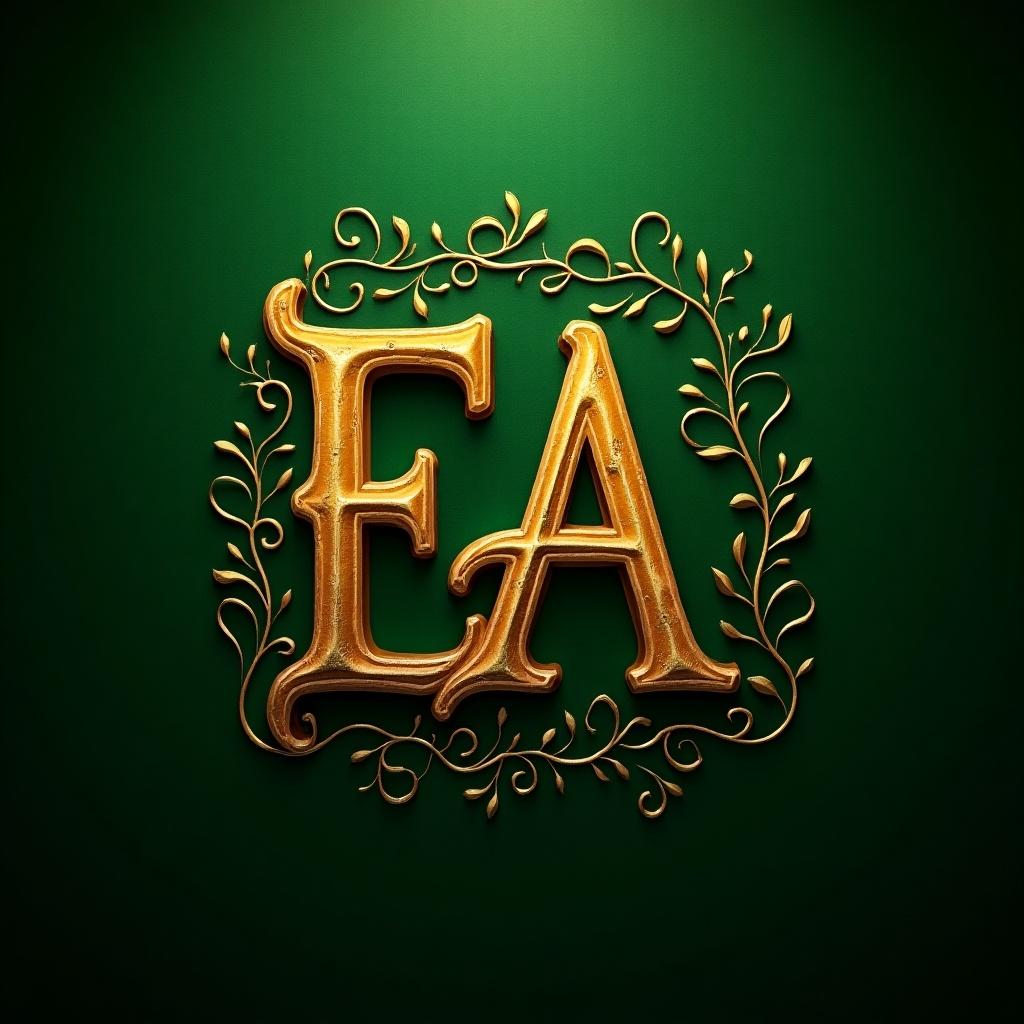 Gold ornate letters E and A in a decorative style on a rich green background.