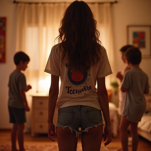 A woman is seen from behind at a boys' sleepover. She wears short booty shorts and a graphic tee. The setting suggests a relaxed and casual atmosphere.