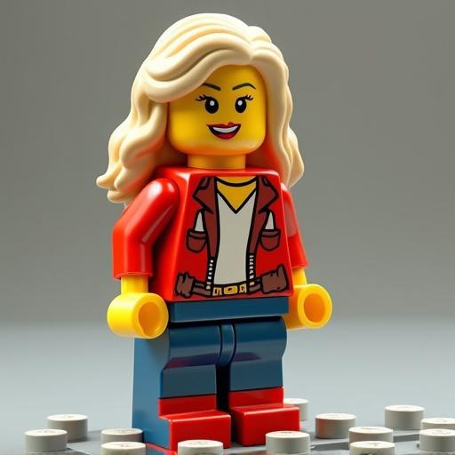 Lego character inspired by a popular model. Character wears a red jacket and blue jeans. Hair is styled in long curls. Designed for playful aesthetics.