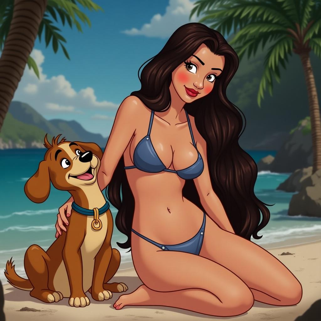 Image features a woman in a blue bikini sitting on the beach beside a happy dog. Tropical setting with palm trees in the background. Bright colors and detailed elements enhance the cartoon look. The woman comforts the dog, creating a scene of companionship.