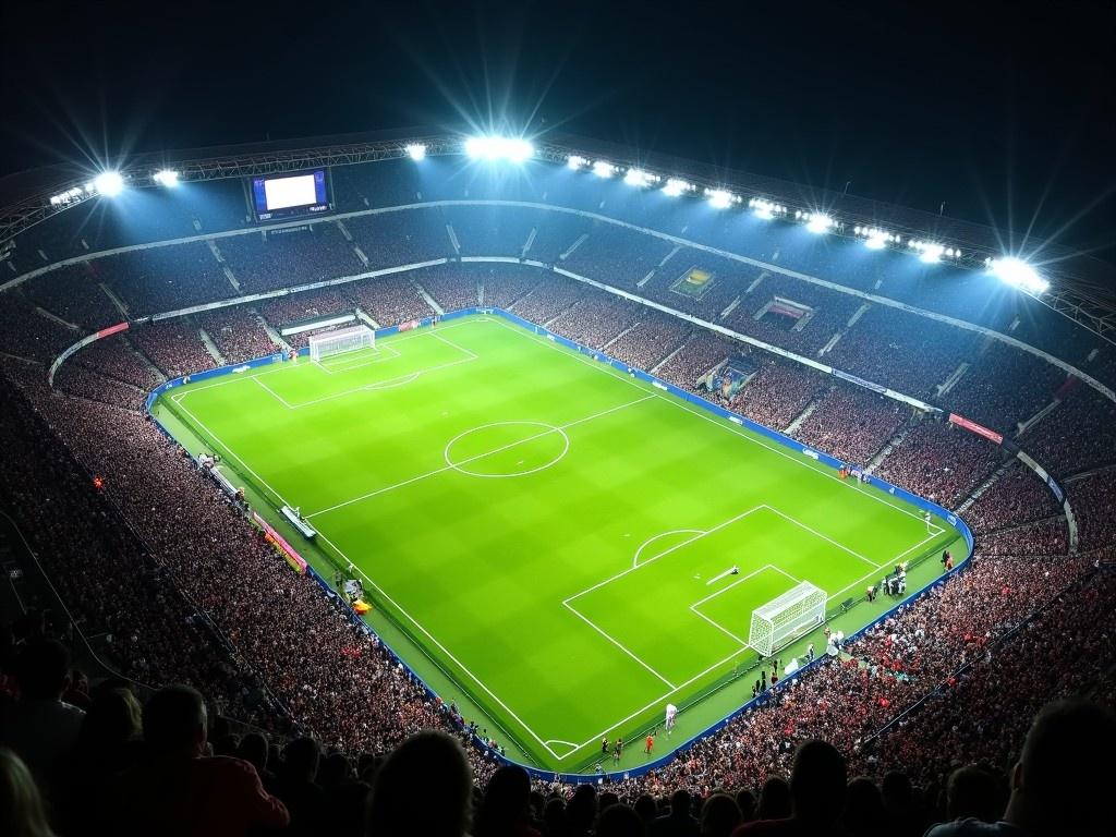 An aerial view of a soccer stadium at night reveals an impressive scene. The well-lit field glows under the floodlights, providing a perfect playing surface for the athletes. Surrounding the pitch is a packed audience, showcasing enthusiastic fans eager to witness the match. The bright colors of the field contrast with the dark sky, highlighting the energy of the game. This image captures the excitement and atmosphere of a live soccer event, emphasizing the importance of lighting in sports venues.