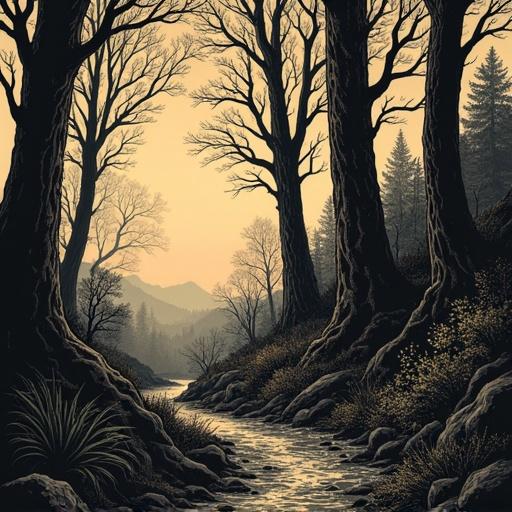 Hand-drawn illustration of a dark forest featuring a winding river. The artwork employs a woodcut style with shades of black and beige. Sparse foliage surrounds the calm water. Tall, barren trees frame the scene, leading to distant mountains in the background.