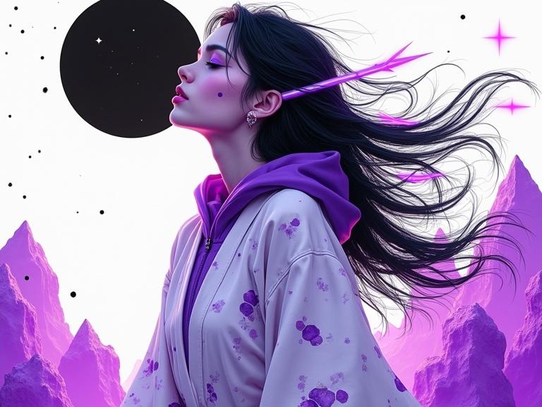 Surreal portrait in bright white space. Black points as stars. Black and purple sun. Feminine young woman with no eyes. Hoodie and glowing purple mouth. Flowing dark hair. Skin with purple stained glass patches like blades. White marble kimono. Neon purple hexagons and shapes.