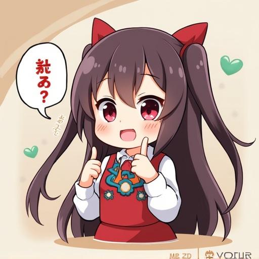Anime style character with black and white hair. Dressed in a traditional outfit. Features a cute expression with thumbs up gesture.