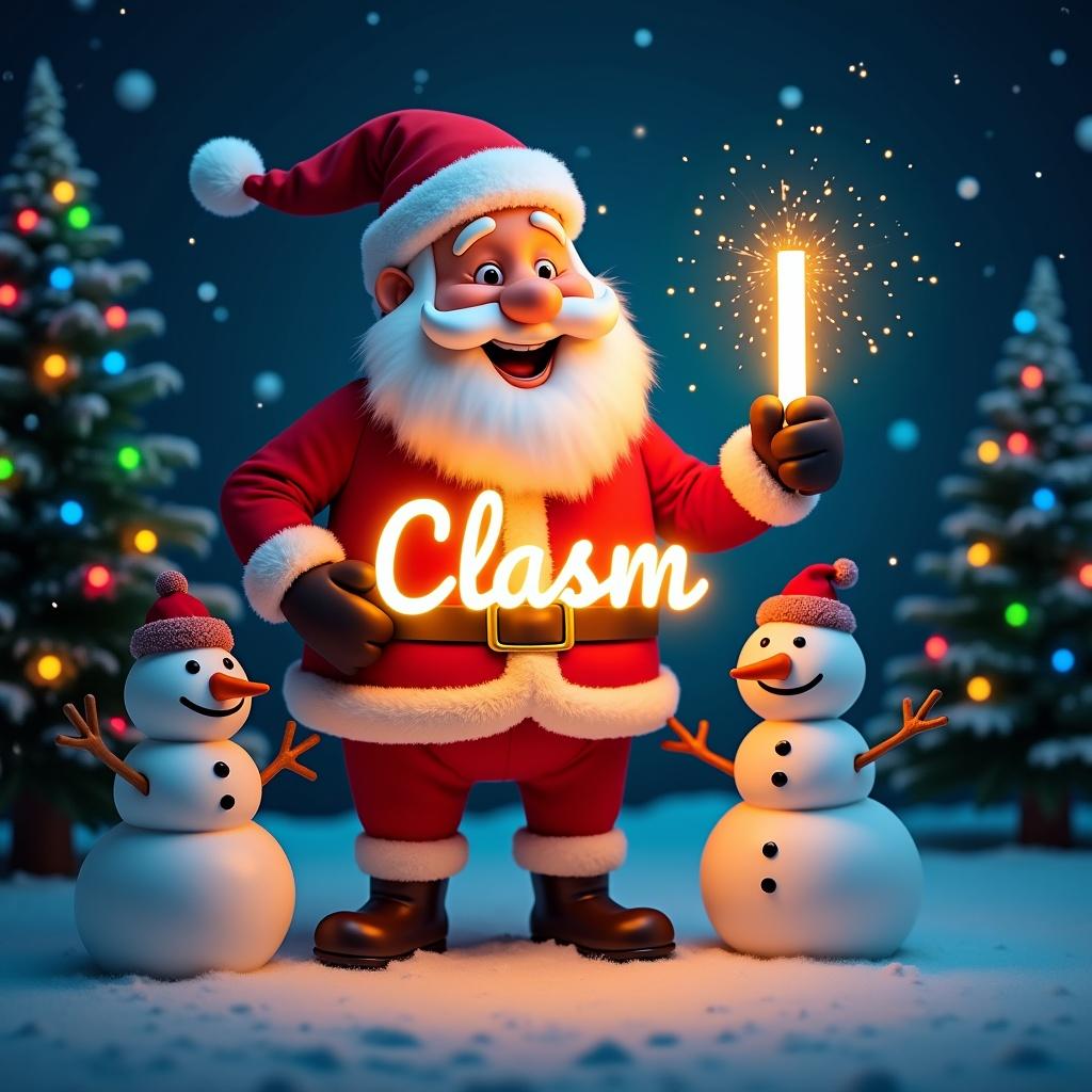 Santa Claus in red and white suit holds a glow stick creating the name 'Clasm'. Two snowmen beside him. Night background with stars and colorful Christmas lights on trees.