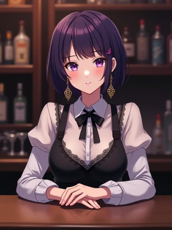 Depicts a matured anime lady with dark violet hair sitting at a polished wooden bar counter. She has sharp facial features and a calm, intelligent expression. Her outfit features a white long-sleeved shirt under a dark vest adorned with intricate detailing. A tied bow at the neckline complements her look. She wears striking antique-style earrings. The background is a dimly lit bar filled with bottles, enhancing the intimate vibe.