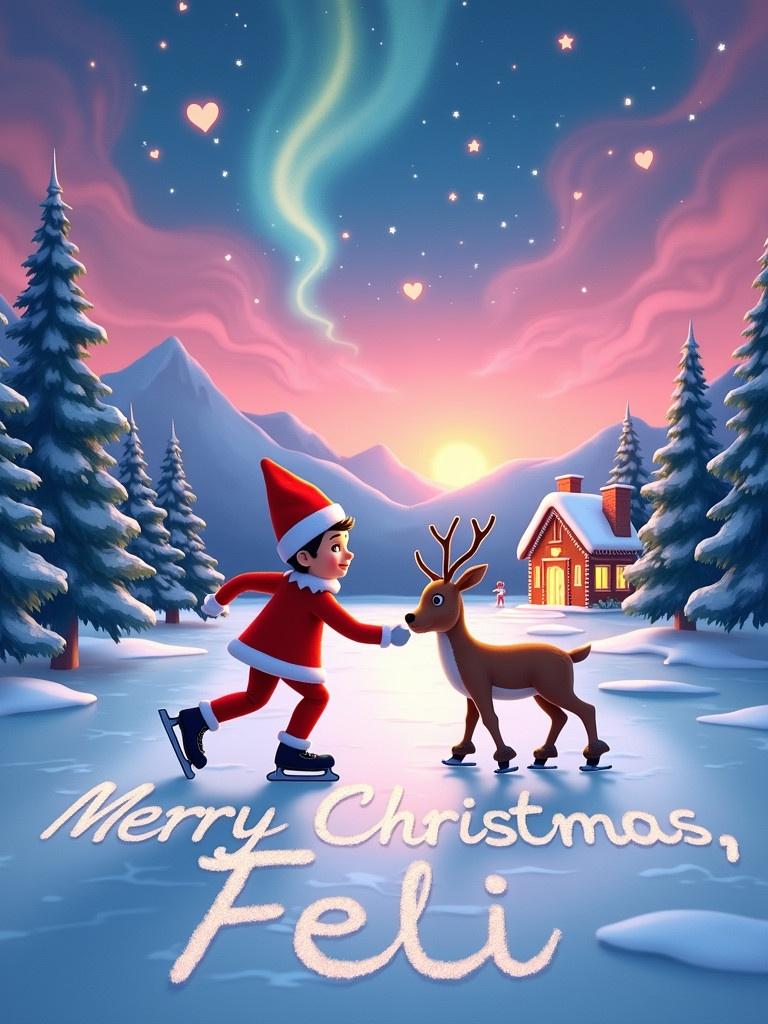 Scene features an elf ice skating with a reindeer. The background is a snowy North Pole landscape. Tall evergreen trees surround a gingerbread house with sparkling lights. The elf writes 'Merry Christmas, Feli' on the ice with skates. The sky has pink, purple, and blue hues with northern lights and hearts.