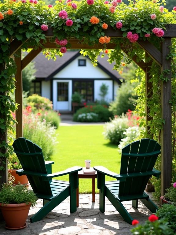 Garden scene with a wooden pergola covered in green vines and colorful flowers. Two green Adirondack-style chairs sit on a stone patio. A round table is placed between them with a cup and book. Vibrant flowers bloom in the garden. A white house in the background. Full of green foliage and well-maintained lawn. Soft natural lighting makes it inviting.