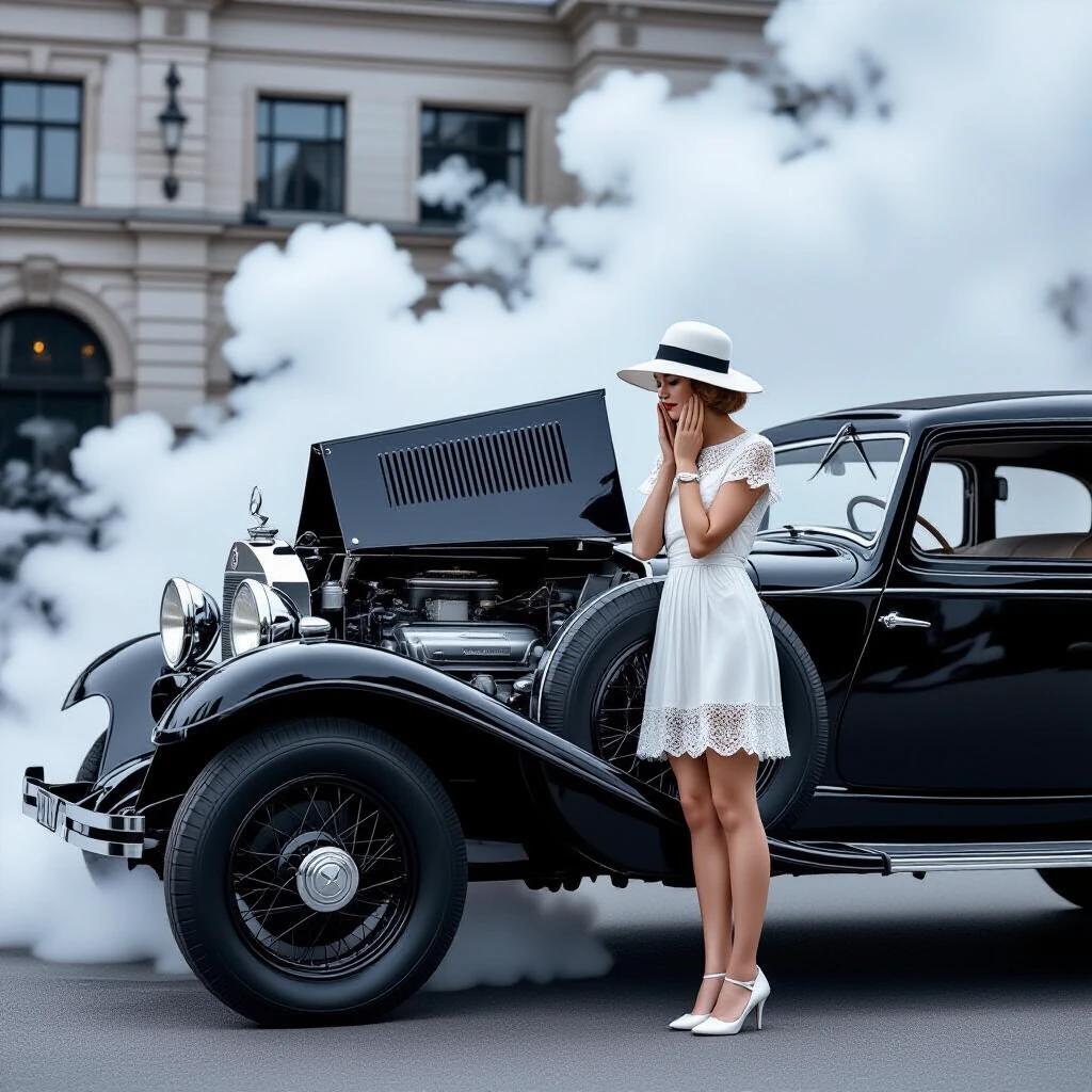 Art Deco socialite in white lace dress stands beside vintage Mercedes-Benz 18/100 PS Sportwagen. She leans over the left-side fender and expresses comedic despair. Engine revealed with steam clouds erupting from radiator. Misty mountain pass in background. Shot during golden hour.