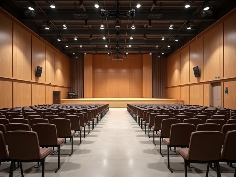Interior of a spacious multipurpose hall with modern architecture. Non-wooden flooring. Cushioned chairs with metal frames arranged neatly. Elevated stage with plain backdrop and podium. Acoustic wall panels visible. High ceiling features industrial lights and ceiling fans. Clean and minimal design. Wide-angle perspective showing empty hall. Soft ambient lighting present. Photorealistic quality with soft shadows and realistic materials.