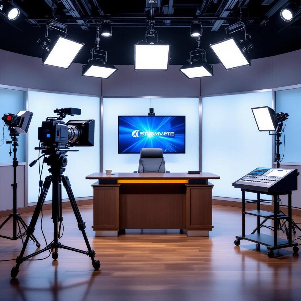 Professional broadcast studio interior. Sleek anchor desk in center. Swivel presenter chair behind desk. Floor-mounted camera on sturdy tripod facing desk. Teleprompter screen attached to camera. Overhead softbox lights from ceiling trusses. Sound mixer console on side table. Boom microphone stand on floor near chair. Polished laminate floor. Bright even lighting.